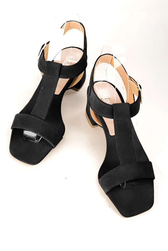 Matt black women's fully open sandals, with an instep strap. Square toe. Low flare heels. Top view - Florence KOOIJMAN